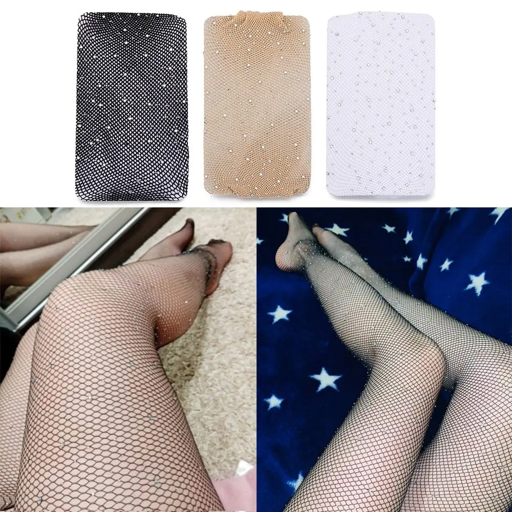 Lady Tights Nylons Socks Stockings Women's Glitter Fishnet Tights Open Crotch Mesh Pantyhose  Shiny Rhinestone Stockings