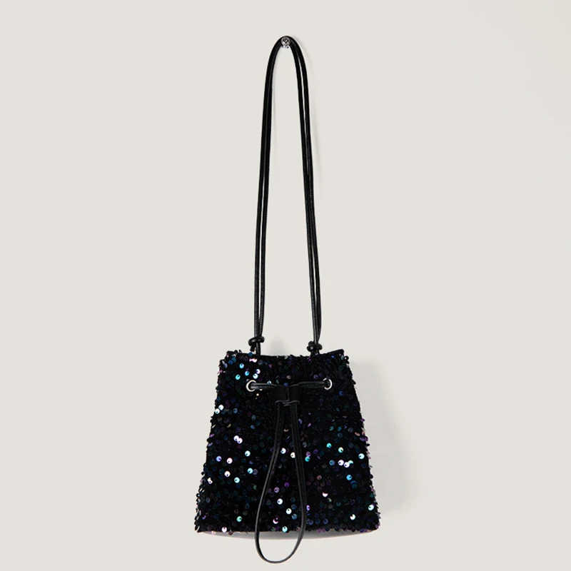 Borsa a secchiello piccola con paillettes da donna di alta qualità per l'estate Design alla moda con coulisse Borse a tracolla singole a tracolla quotidiane versatili