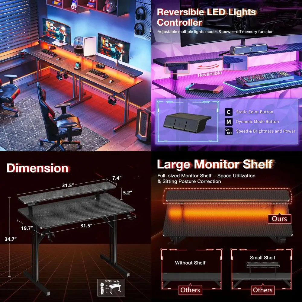 مكتب ألعاب مدمج 32 مضاء بإضاءة LED مع حامل شاشة، تصميم من ألياف الكربون، مثالي لهدايا الألعاب للأطفال والرجال #1