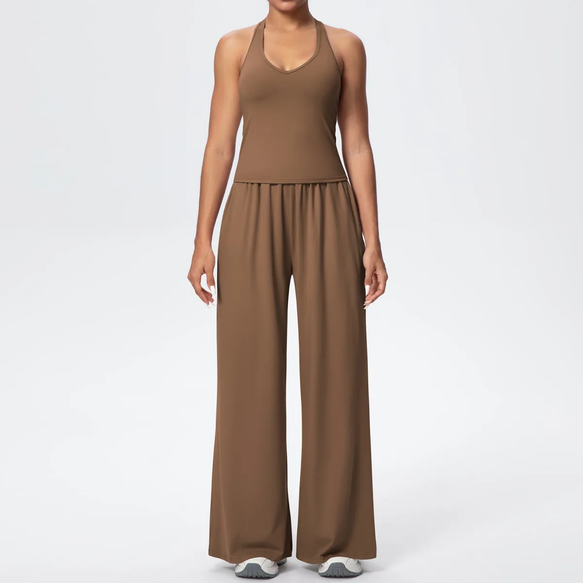 Тренажерный зал с v-образным вырезом и открытой спиной, плотный дышащий однотонный комплект одежды для йоги с широкими штанинами для женщин, спортивные комплекты для бега и фитнеса