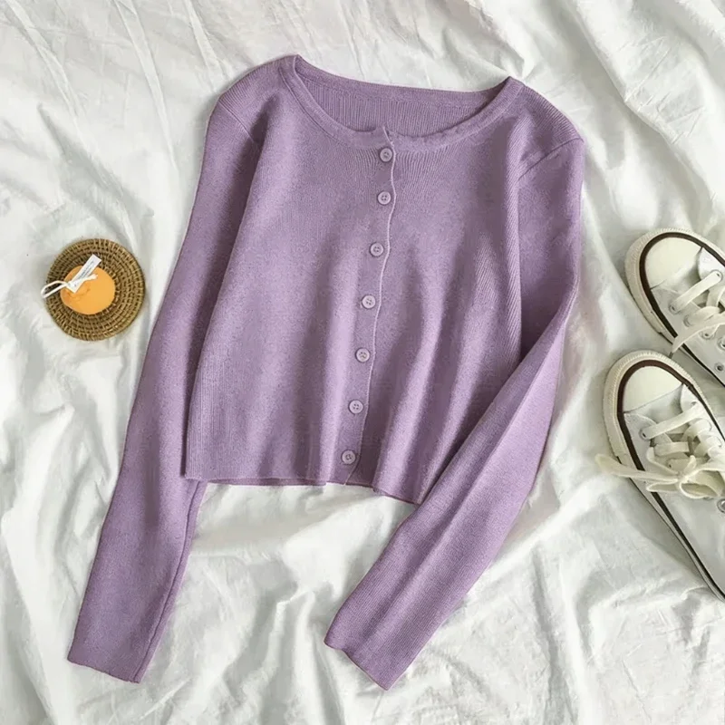 Women Crew Neck Knit Cardigan Long Sleeve Single Breasted Elastic Sweater Coat Slim Cropped Jacket Casual Autumn Outerwear
