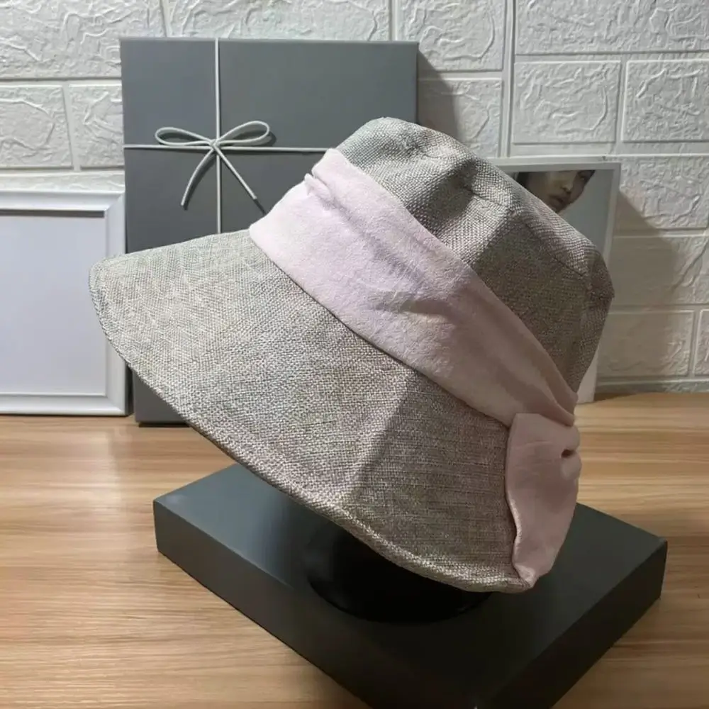 Ladies Summer Sun Protection Bucket Hat Wide Brim Linen Cap Foldable Breathable Beach Bonnet With Bowknot Style