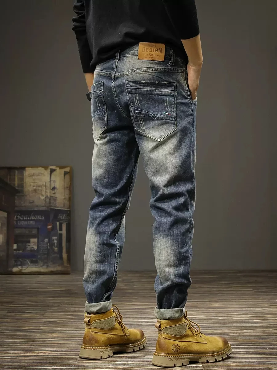 Italian Designer Fashion Men Jeans Retro Blue Stretch Slim Ripped Jeans Men Elastic Trousers Vintage Casual Denim Pants Hombre