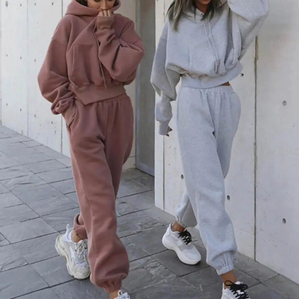 Women 2 Piece Running Sets Fall Spring Solid Sportswear Long Sleeve Cropped Hoodies+Jogger Pants Plus Size Female Tracksuits