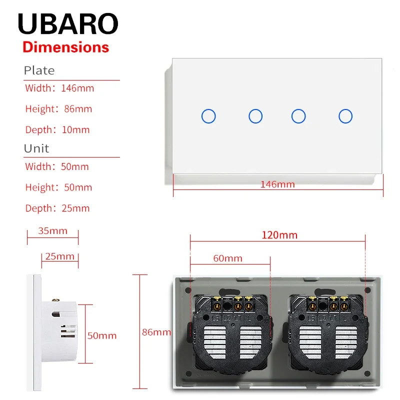 UBARO EU Russia 4 Gang Touch Light Switch With 146mm Tempered Crystal Glass Panel Electrical Interruptor 100-240V Home Appliance