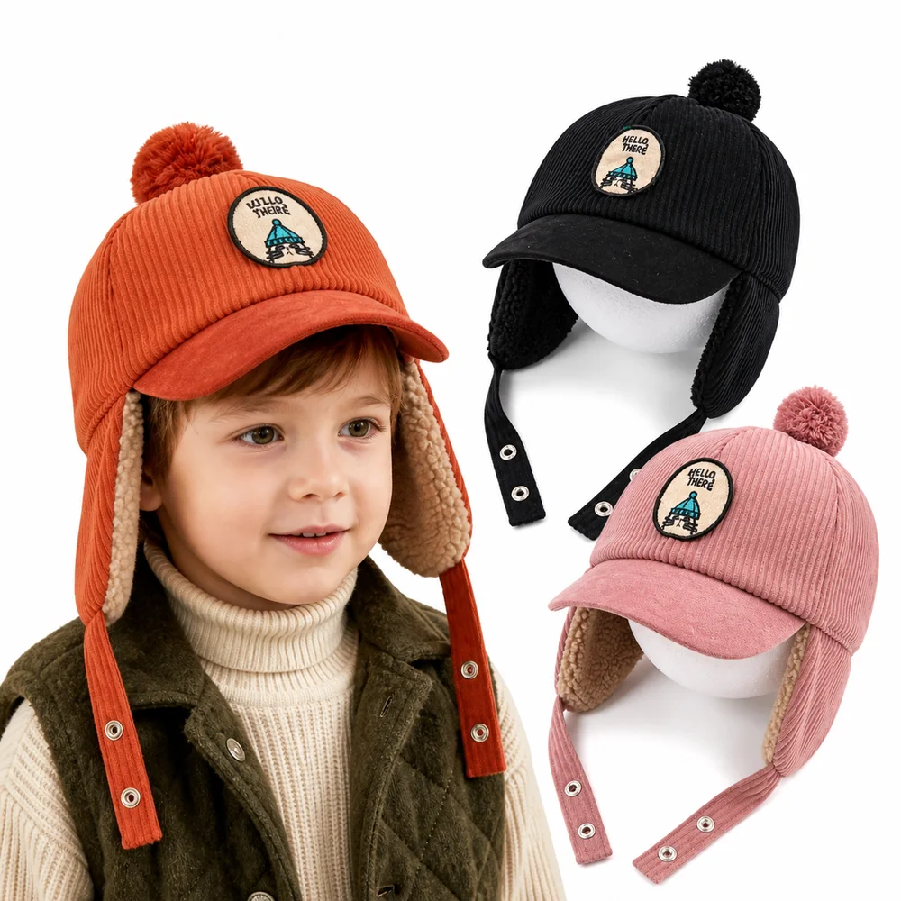 Solid Color Children's Earflap Hat Earflap Faux Lamb Fleece Lining Baby Ear Protection Cap Embroidered Patch Thick Baby Warm Hat