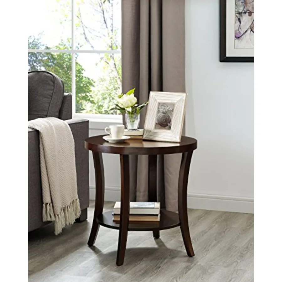 

Contemporary round end table with shelf for living room, espresso-finished engineered wood, sleek modern design and ample stora