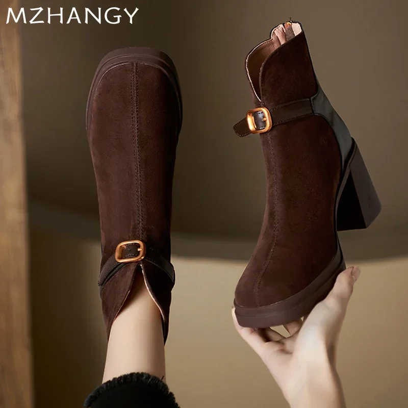 High Heels Women Snow Ankle Boots Suede Designer Shoes Chunky Winter Chelsea Boots 2024 Trend Fashion New Goth Botas De Mujer