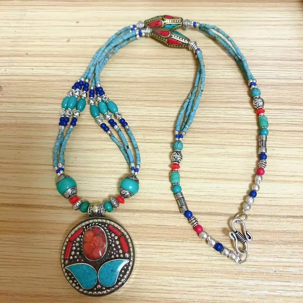 NK239 Nepal Jewelry Colorful Stone Oval or Round Pendant Necklace Ethnic Tibetan Lapis Coral Beaded Women Necklace