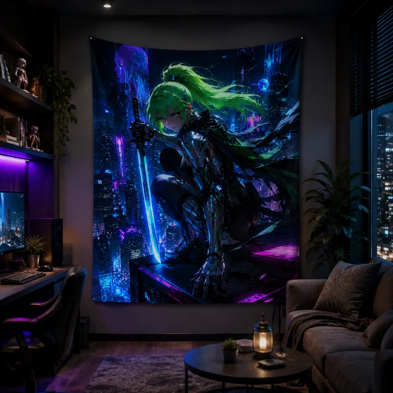 VIKAMA Cyberpunk Samurai Girl Anime Tapestry, Mecha Warrior Futuristic City Wall Hanging, Esports Room & Bedroom Home Decor