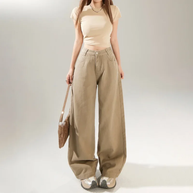 2025 americano retro cintura alta perna larga jeans feminino primavera verão casual cáqui perna reta calças jeans