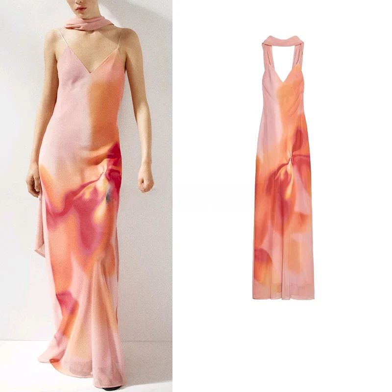 Sommer Neue Damen Bal V-Ausschnitt Svel Print Langer Schal Dr Ele Taillenbesetztes Polyester Maxikleid 803364