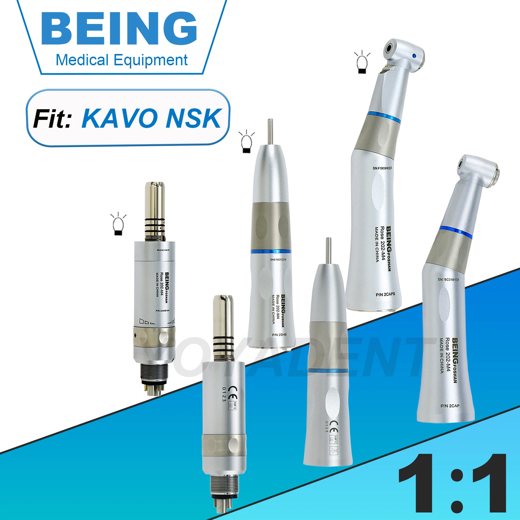 BEING Dental 1:1 Slow Speed Handpiece Fiber Optic Straight/Contra Angle Handpiece 4/6 Holes LED Air Motor E Type Fit NSK KAVO