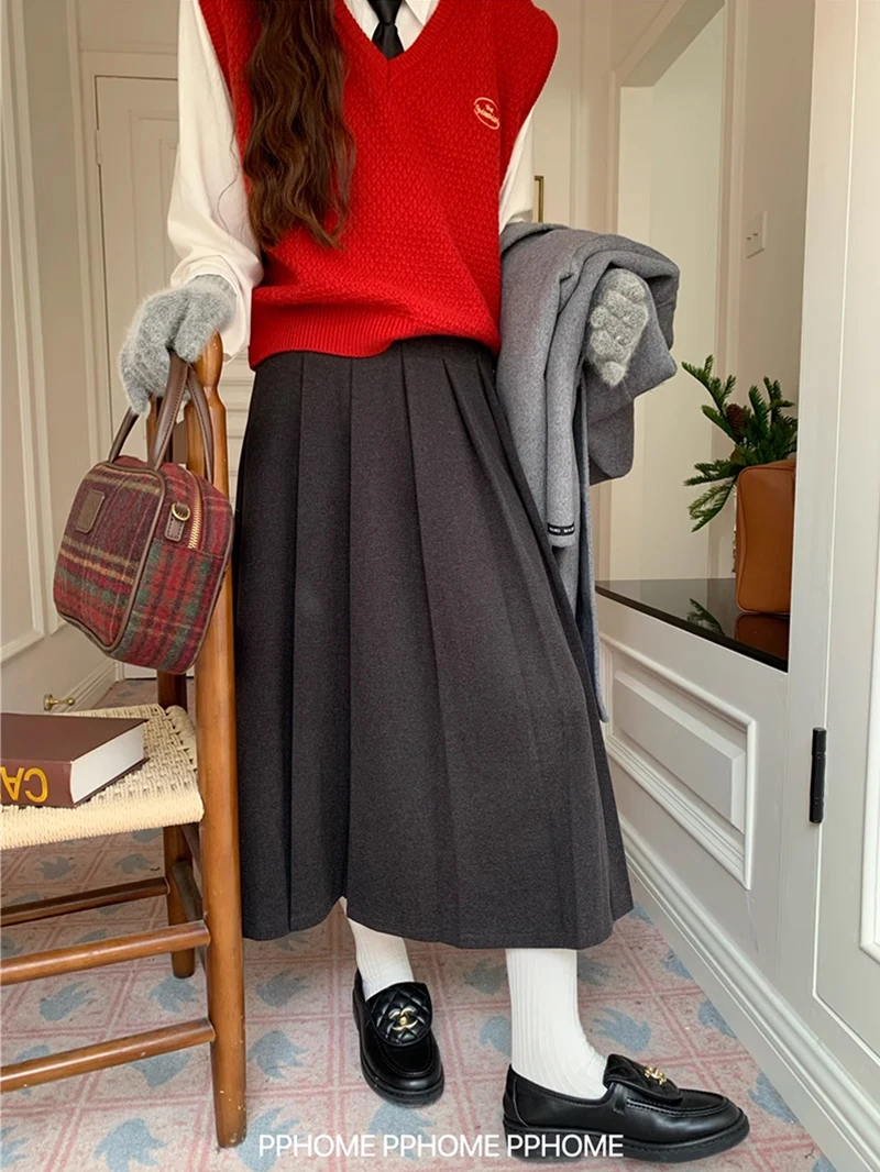 

ZHISILAO Solid Woolen Long Pleated Skirt Women Vintage High Wasit A-line Skirt Autumn Winter 2024