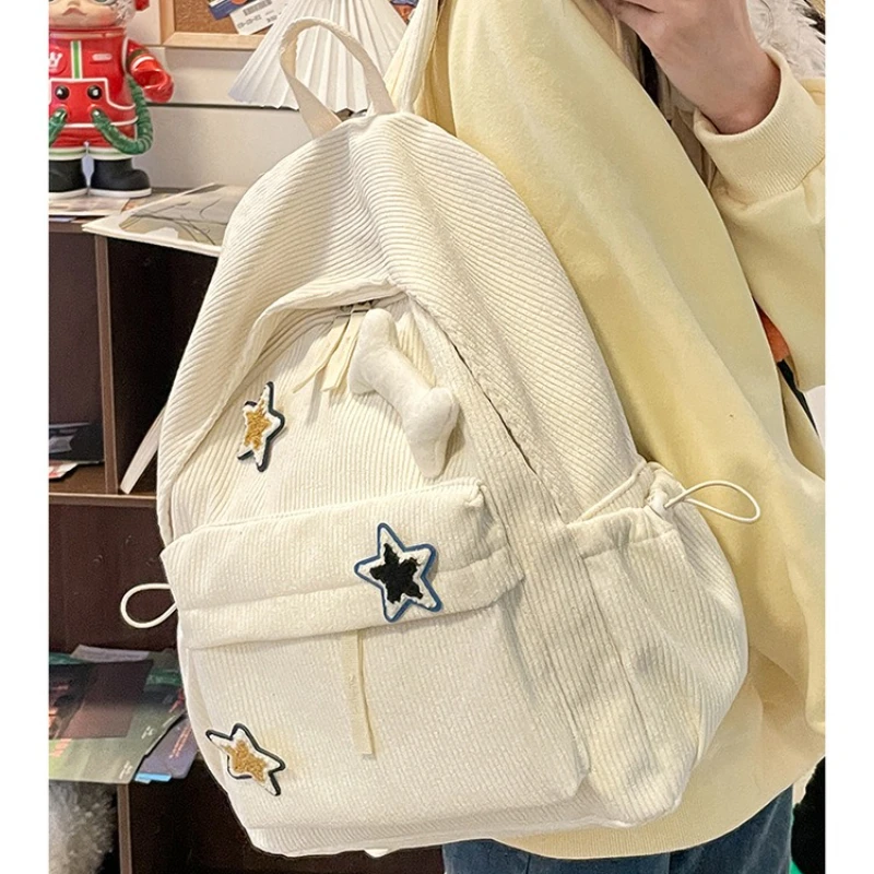 New in Corduroy College Style Backpack for Women Ins Style Large Capacity Cute Bone Pendant Star Hook Loop Daily Commute Bag