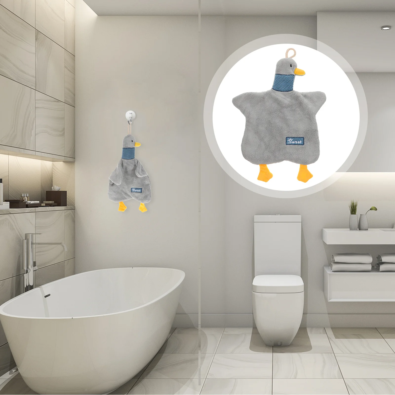 منشفة يد على شكل بطة كرتونية ماصة من الصوف المرجاني للحمام والمطبخ معلقة على شكل حلقة منشفة يد مزخرفة للحمام #4