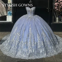 Mexico Sky Blue Sweetheart Ball Gown Quinceanera Dress For Girls Ball Beaded Appliques Birthday Party Gowns Customized