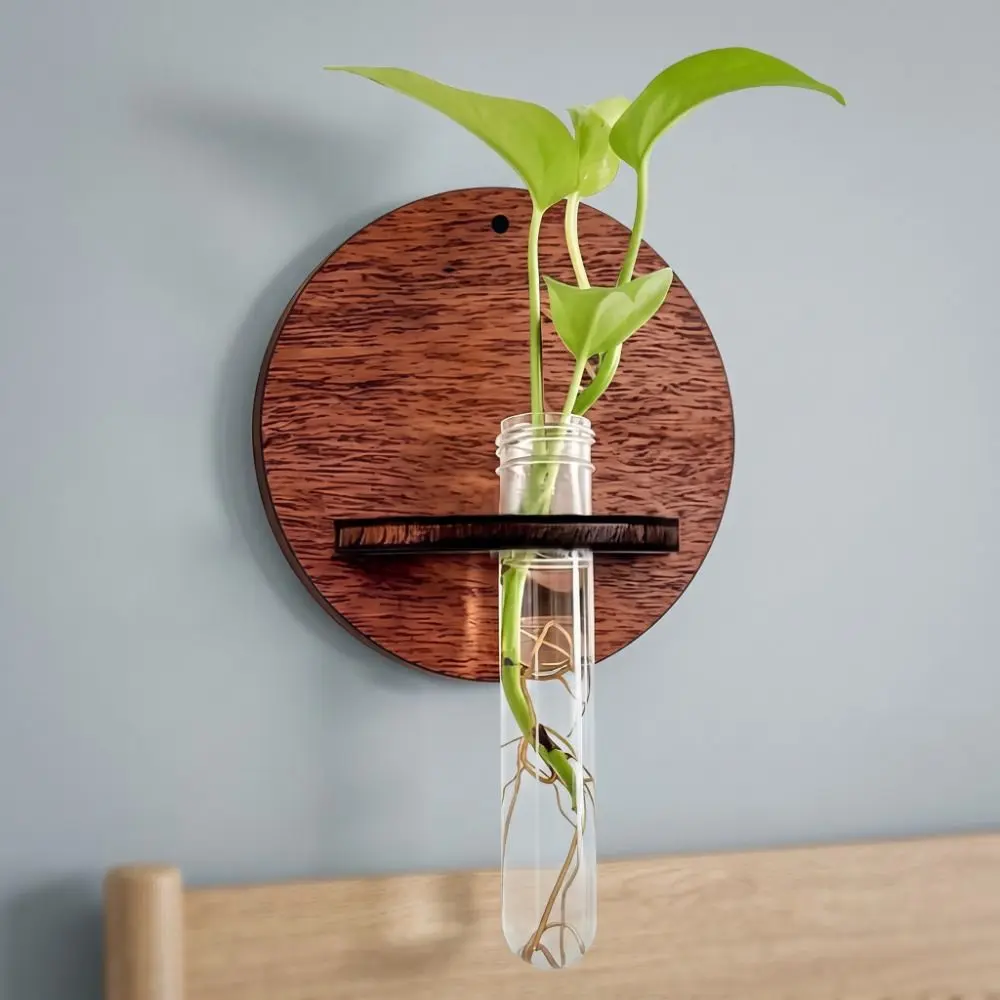 Minimalist Wooden Hydroponic Planter Shelf Vase Retro Wall Mounted Planter Round Home Ornaments Planter Holder Indoor Garden