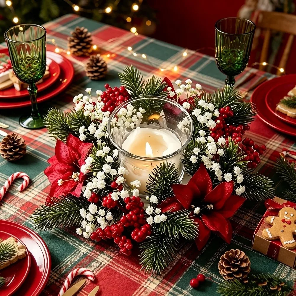Red Berry Christmas Wreath Candlestick Pinecone Pine Needle Wreath Candle Holder Table Decoration Home Ornaments