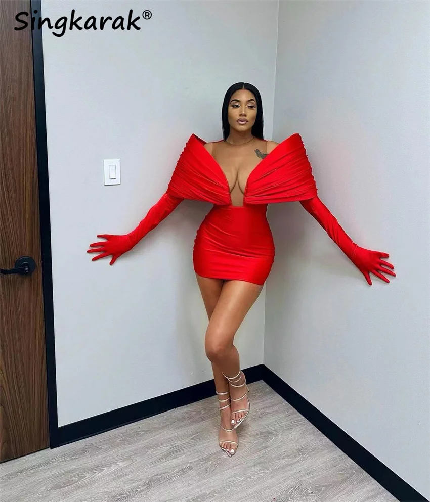 

Exquisite New Arrival Red Short Prom Gown With Two Gloves Birthday Party Cocktail Dresses Robe De Bal Homecoming Customized