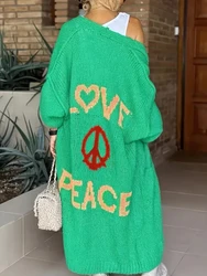 Cardigan con bottoni sul davanti con motivo LOVE PEACE, Cardigan lungo con spalle scoperte e maniche lunghe Casual con maniche lunghe a lanterna