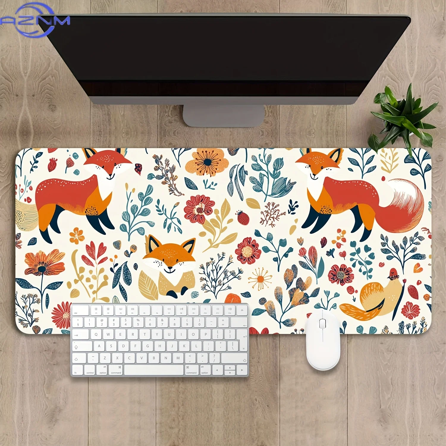 Large Fox and Floral Gaming Mouse Pad - Non-Slip Desk Mat with Vibrant Orange Fox Design, Perfect for Office, Home, and Gaming S