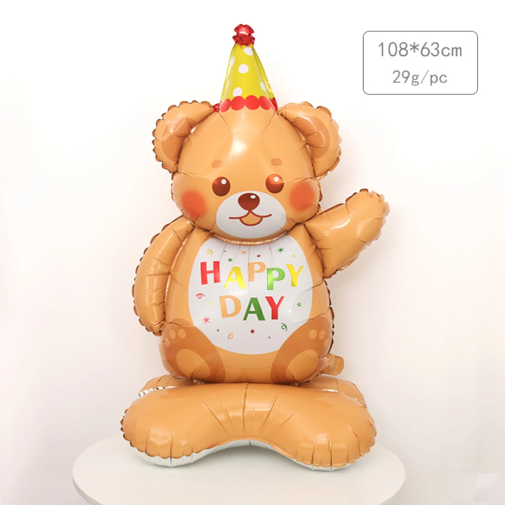 3D cartoon sitting up waving teddy bear happy birthday aluminum foil balloon, birthday party decoration,2pcs