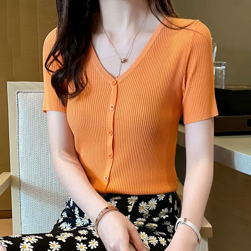 Women\'s Short Sleeve V-Neck Single-Breasted Knitwear, Korean Style, Elegant Clothes, Simplicity, Casual, Summer Fashion