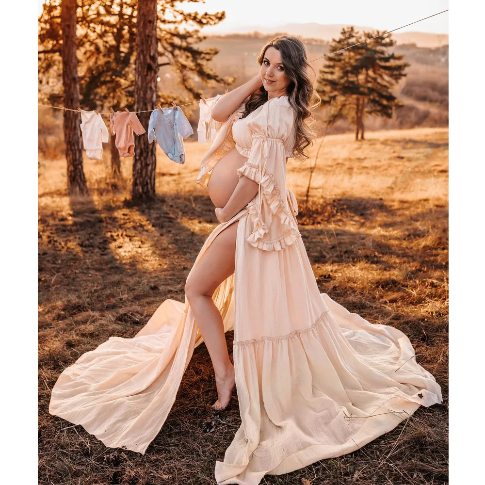 Böhmisches Fotoshooting-Schwangerschaftskleid, bequeme Baumwolle, plissierte Ärmel, zweiteiliges Set, Umstandsfotografie-Kleid, Outfit