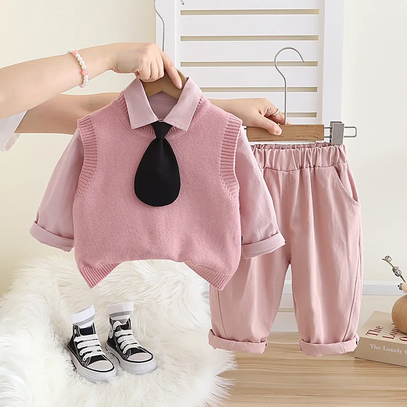 2026 Fall Kids Knitted Vest Set Boys 3-Piece Outfit Trendy Casual Wear Long Sleeve Shirt with Pants Korean Style Toddler Clothes