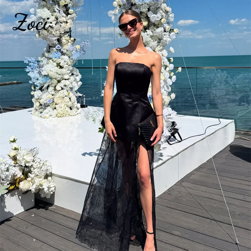 

Zoci Customized Women Black Satin Lace Evening Gowns Strapless Formal Party Prom Dress Side Slit Saudi Long Birthday Dress