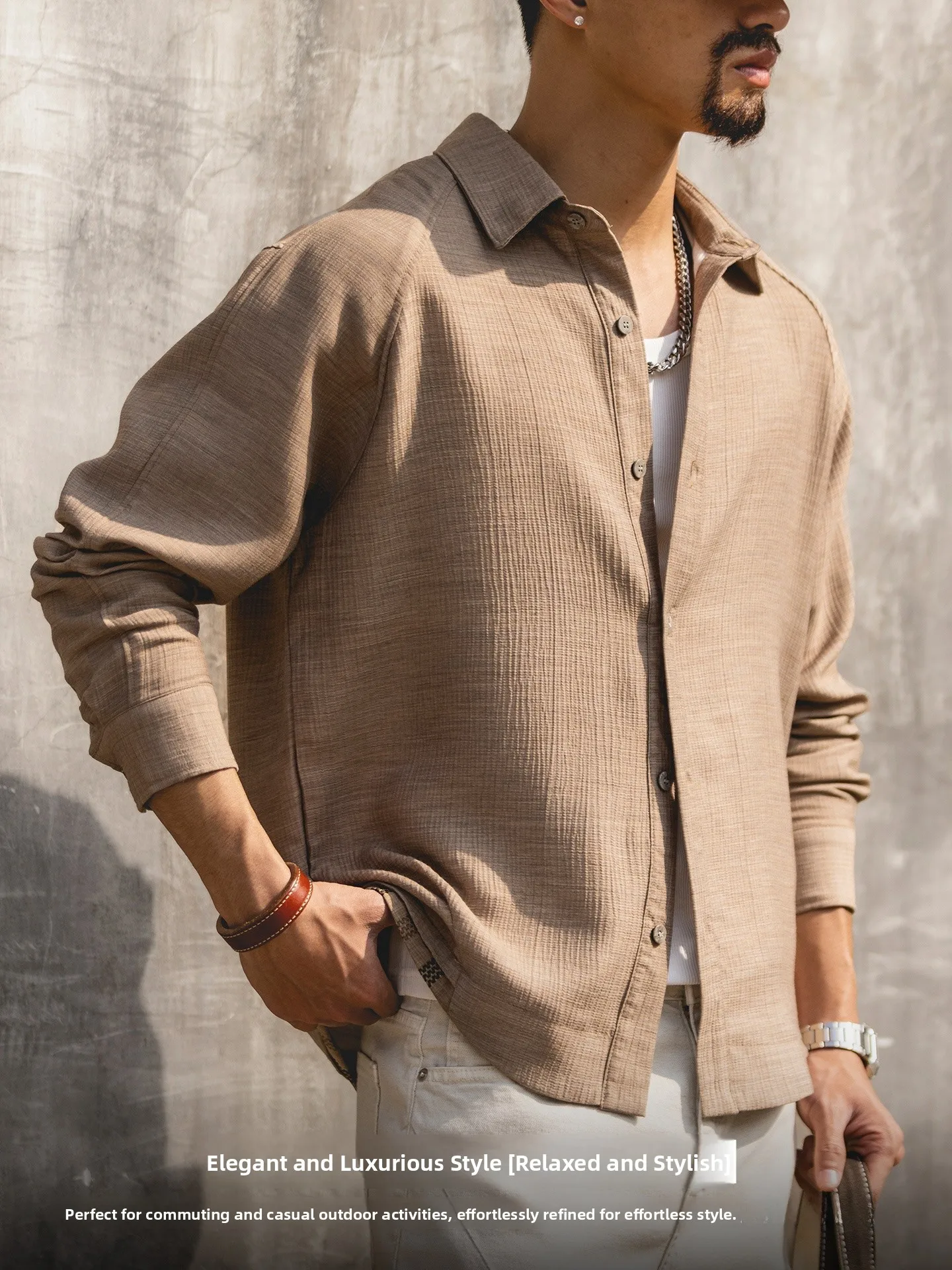 Loose Fit Men's Long Sleeve Casual Shirt Breathable Shoulder Insert Splicing Style Autumn Fashion Outerwear American Leisure