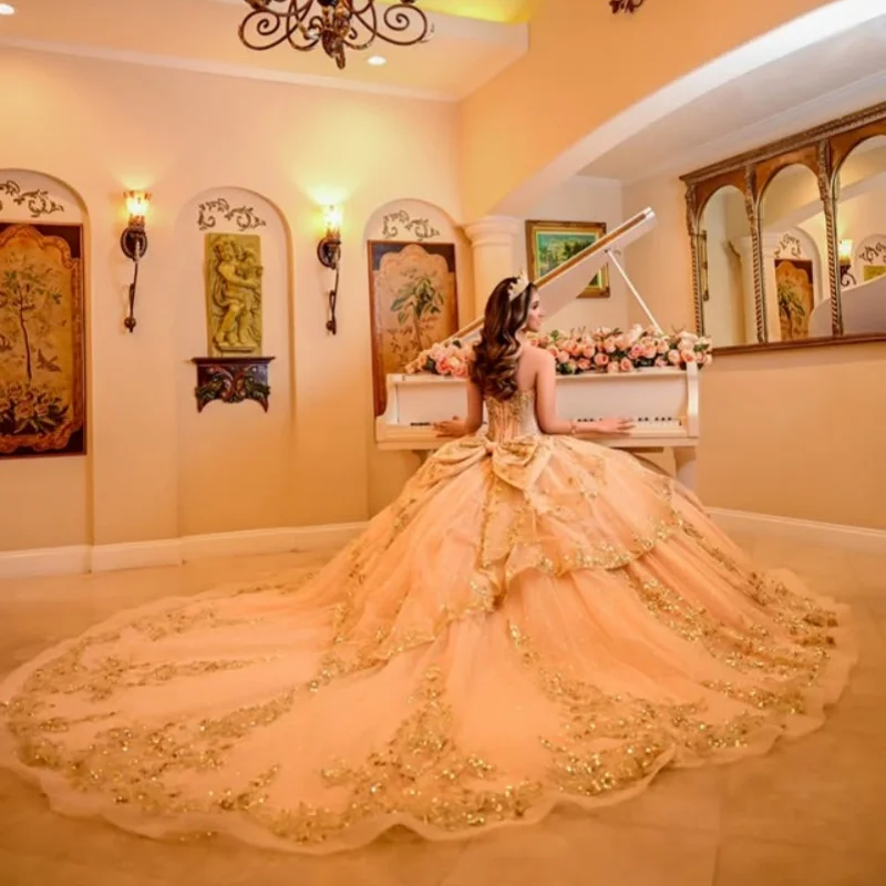 Customized Light Champagne Quinceanera Dresses Off the Shoulder crystal Glitter applique Ruffle Bow Vestido De 15 Quinceanera