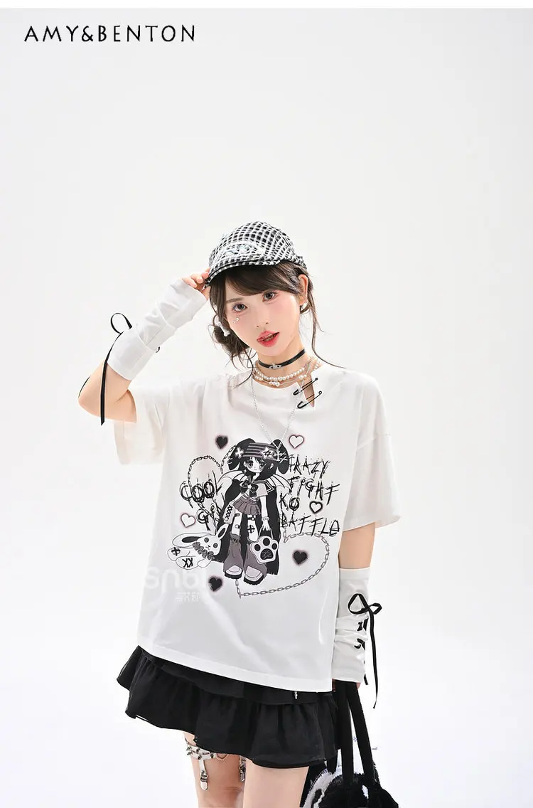 

Y2K Subculture Animation Print Short-sleeved T-shirt Women's Summer New Sweet Hot Girl Punk Style Hollow Pin Oversized T Shirt