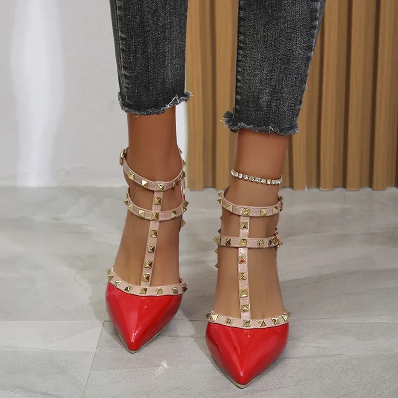 Buty damskie Nity Sandały Damskie letnie grube z cienkimi butami na wysokim obcasie Szpiczaste szpilki Seksowne buty do klubu nocnego