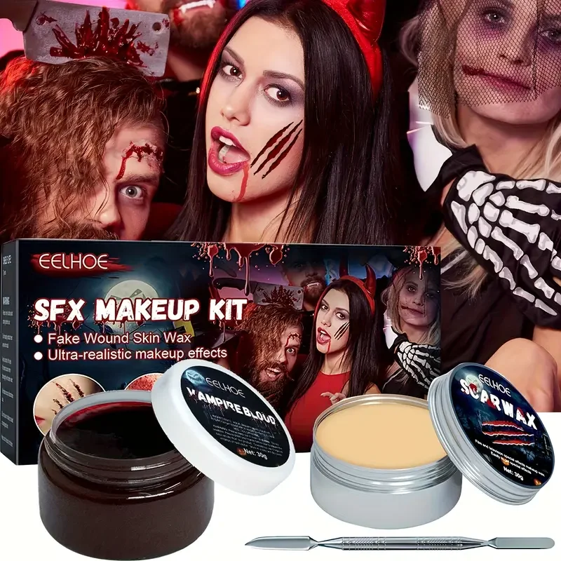 Halloween Special Effects Makeup Kit,Scar Wax with Spatula and Clotted Blood Gel,Fake Wound,Creepy Atmosphere Party Makeup Props