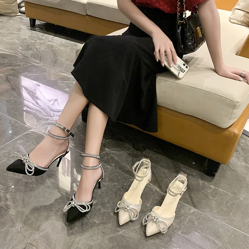 Banquet Dress White High Heels Elegant Temperament Dress Wedding Shoes Rhinestone Pointed Hollow Toe Sexy Sandals for Women