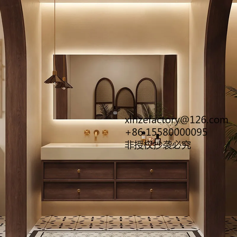 

Factory Direct 2026 Top RatedMedieval style rock slab hot bending integrated basin solid wood bathroom cabinet combination smart