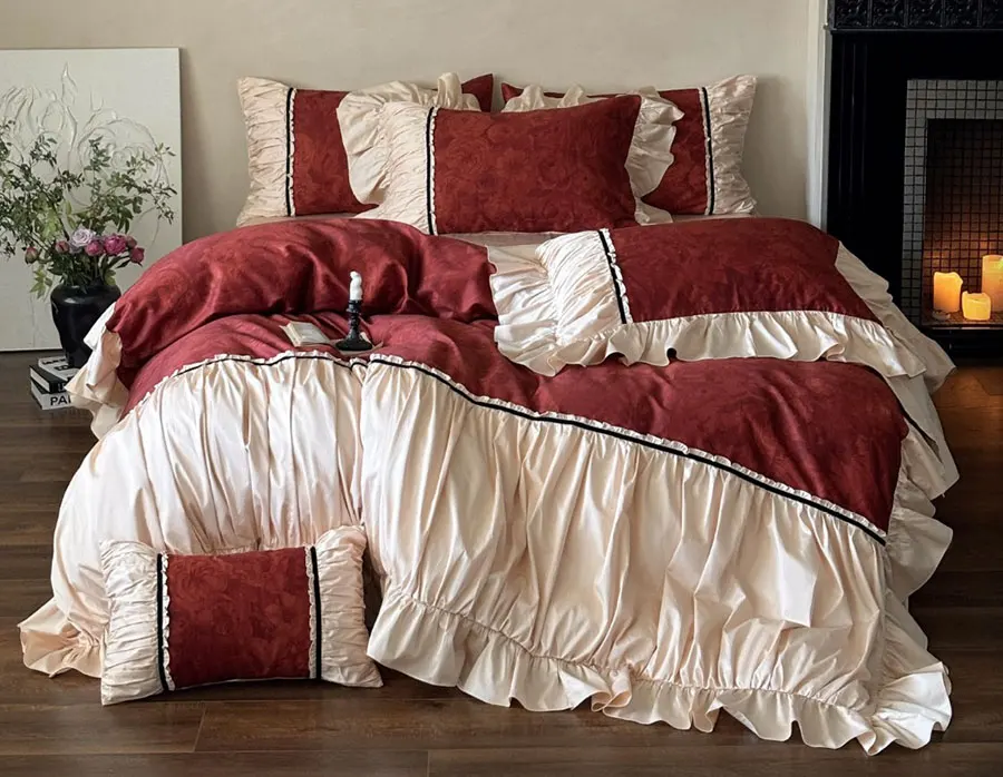 Classic fairyfair ruffle vintage red bed set,full queen king chinoiserie cotton home textile bed sheet pillow case duvet cover