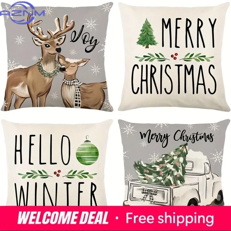 Christmas-Themed Pillowcases: Joyful Deer, Merry Christmas, Hello Winter, and Festive Truck Designs home room decoration