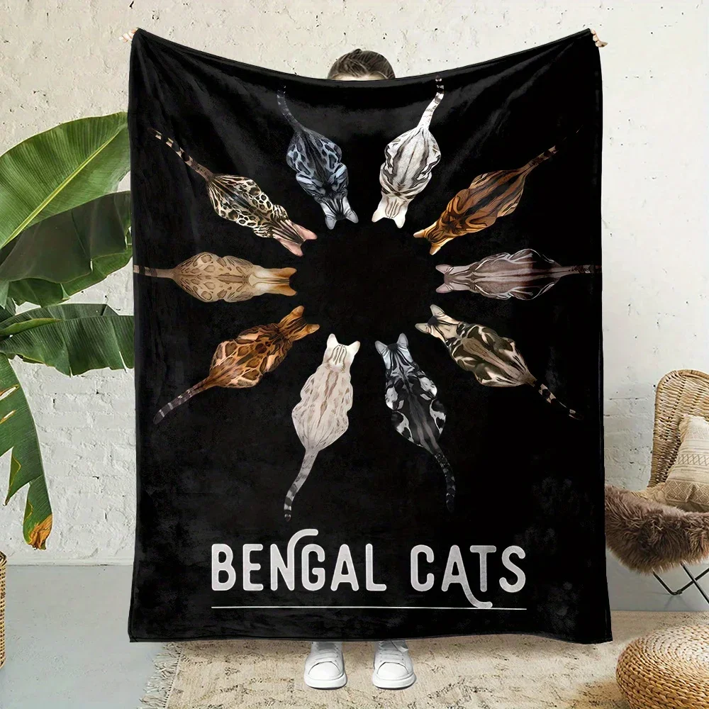 Bengal Cat Print Throw Blanket Black Decorative Sofa Cozy Plush Cover 150x230cm Cat Lover Gift Decor