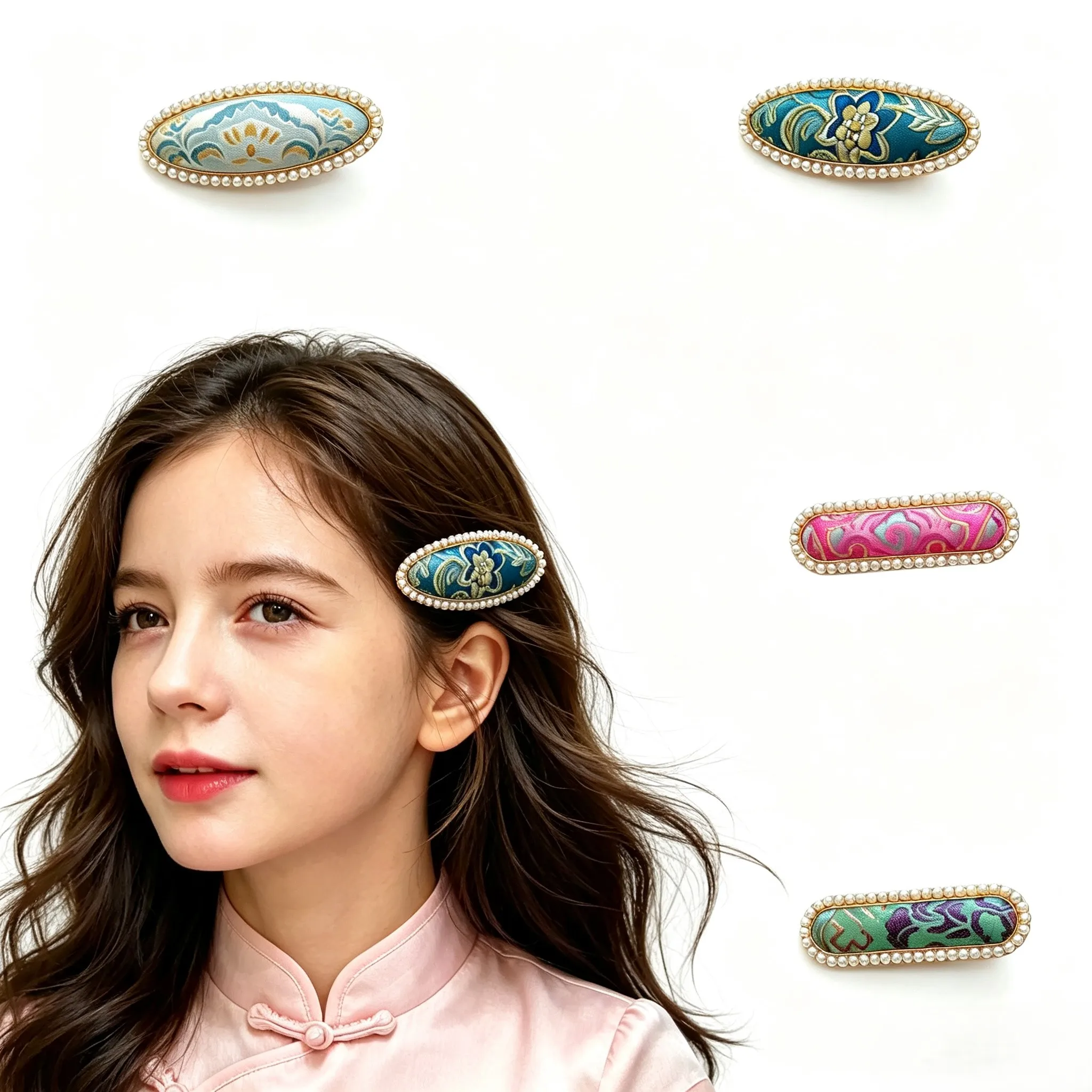 Handmade Song Brocade Hair Clip - Traditional Chinese Shu Jin Silk Barrettes for Women  Kids Hanfu Cheongsam Accessories
