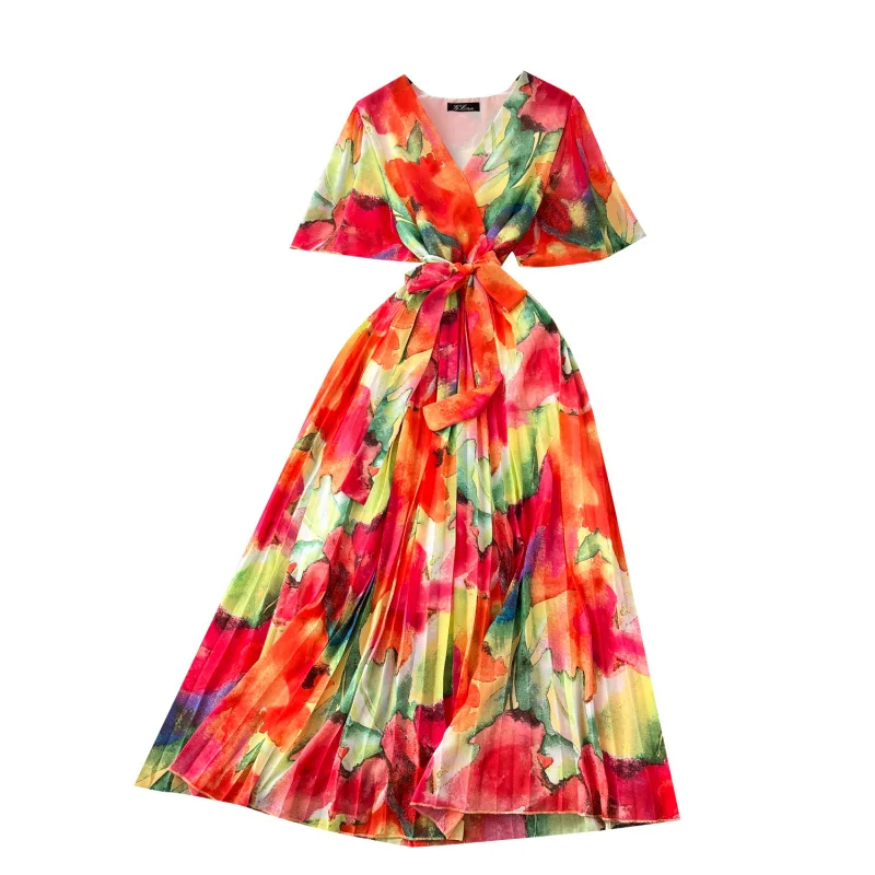 Boho feminino verão bandagem com decote em v floral impressão chiffon vestido longo ins casual plissado praia vestidos de férias elegante túnica