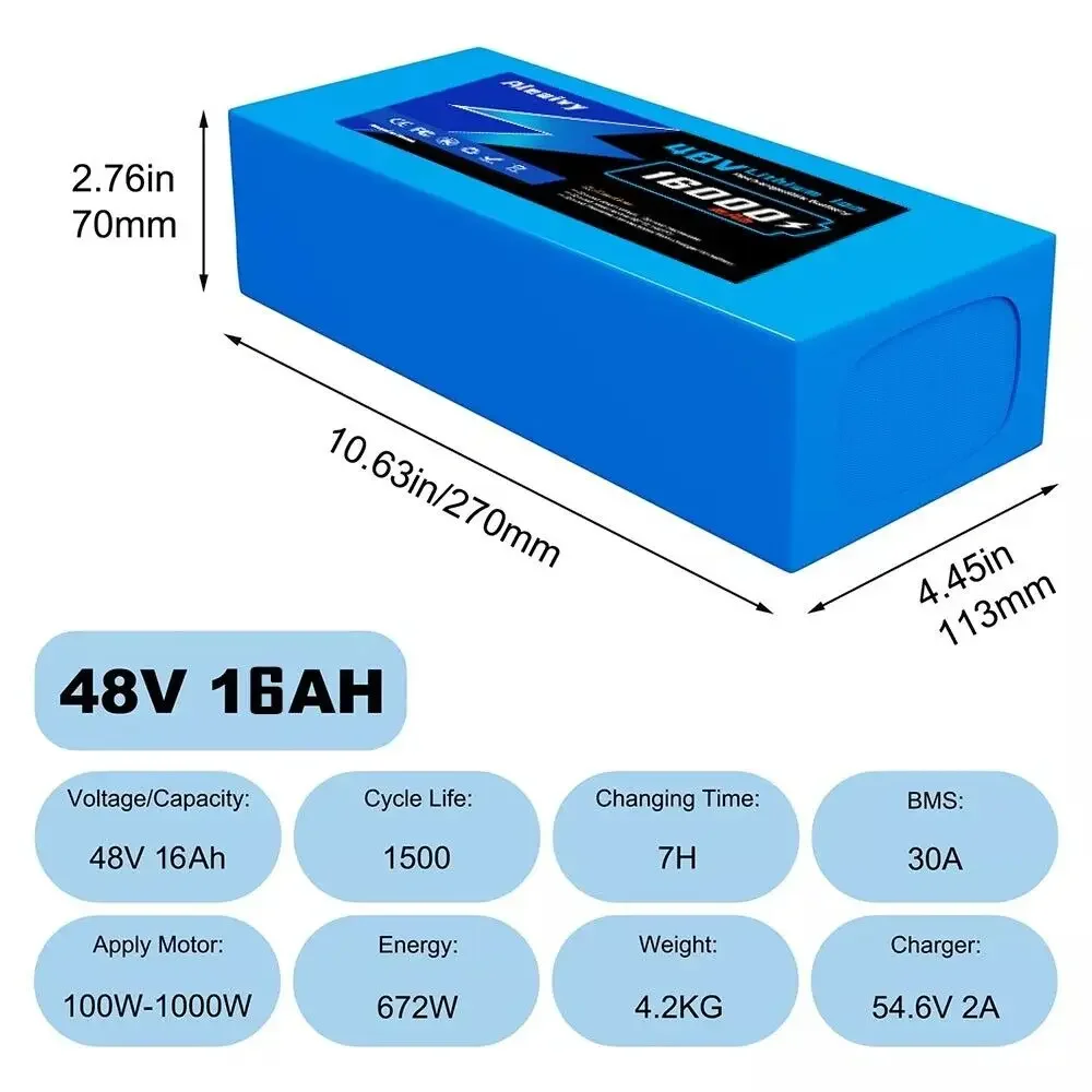 แบตเตอรี่ลิเธียม Aleaivy แท้ 48V 10Ah 14Ah 16Ah 20Ah 18650 13S7P พร้อม BMS 30A ในตัว สำหรับสกู๊ตเตอร์ไฟฟ้า ≤1500W