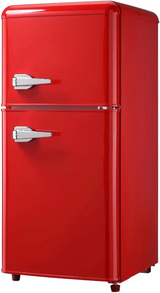 

Mini Compact Fridge Retro Refrigerator, Double-Door Fridge with Freezer Adjustable Thermostat Removable Glass Shelve red