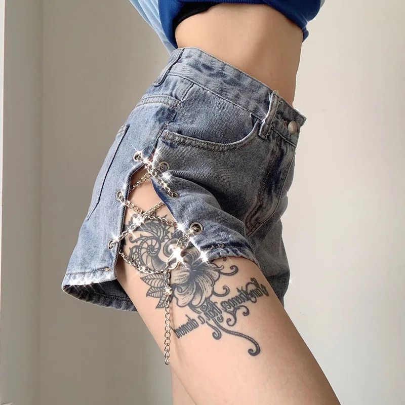 

2024 summer new high waist slim sexy hollow chain blue loose straight wide leg trousers jeans women Fashion Harajuku Pants