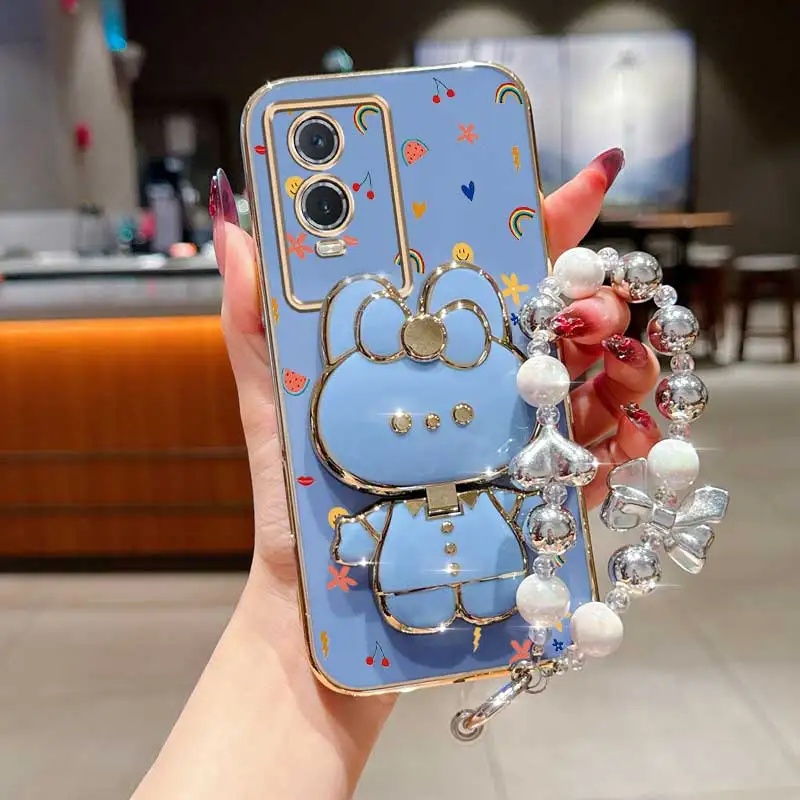 

Чехол-держатель для телефона с жемчужным ремешком и радужным кроликом для Vivo Y76 Y72 Y51 Y36 Y35 Y33S Y21S Y33T Y28 Y27 Y22 Y21 Y17S Y16 Y15S 4G 5G
