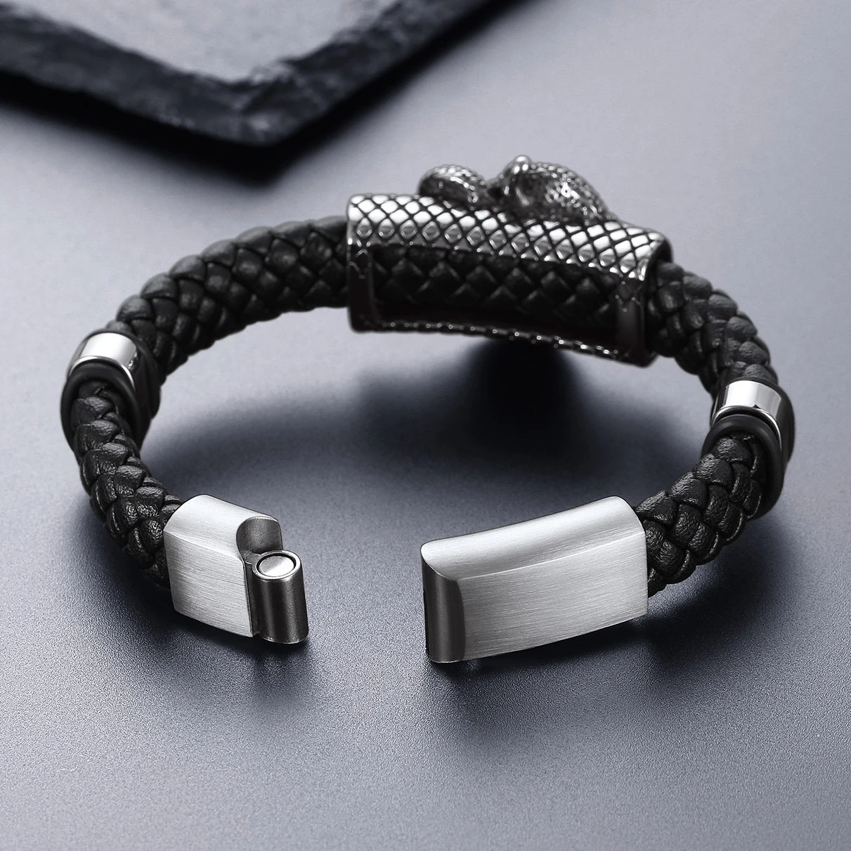 U7 Stainless Steel 13mm Wide Leather Bangle Bracelet for Man Cobra Snake Charm 19/21/23cm Bracelet Magnetic Clasp Gothic Jewelry view 2