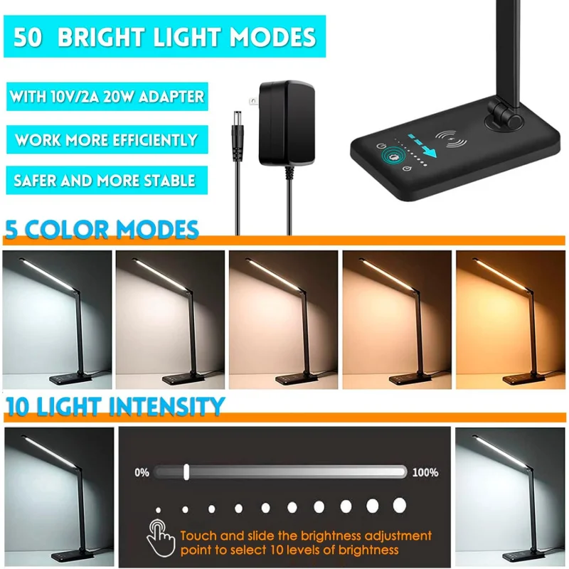 LED desk lamp with wireless charger, USB port, 10 brightness levels, 5 color modes, home office desk lamp, eye protection readin