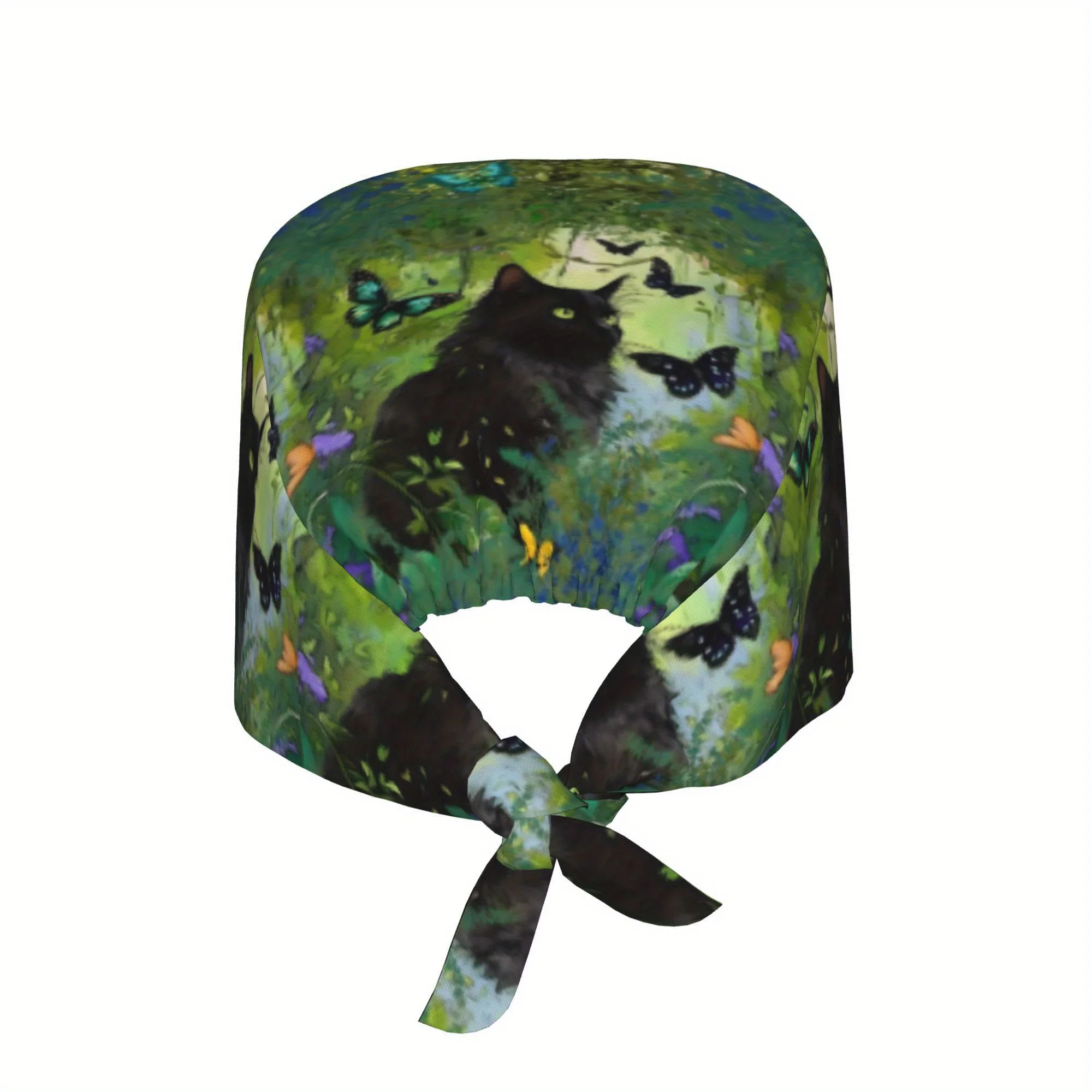 1pc Women's Lightweight Adjustable Skull Cap - Black Cat & Butterflies Print, Tie-Back Nurse Hat, Dustproof Chef Cooking Cap, No